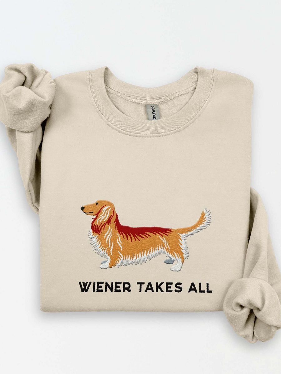 Wiener Takes All Sweatshirt (Embroidered) of a Longhaired Dachshund(Tan) product image (1)
