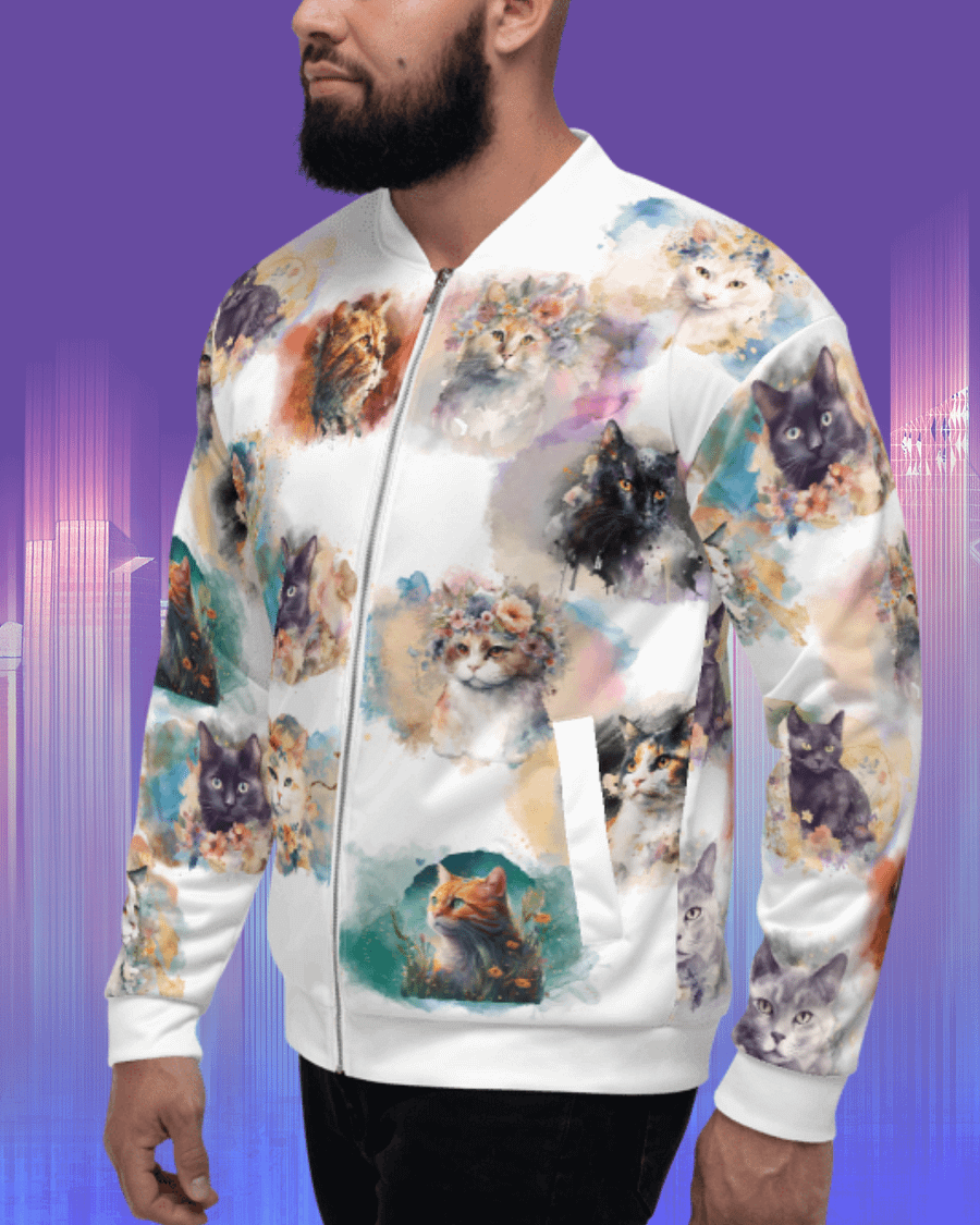 Watercolor Cats Bomber Style Zip Up Sweatshirt Jacket, Unisex product image (1)