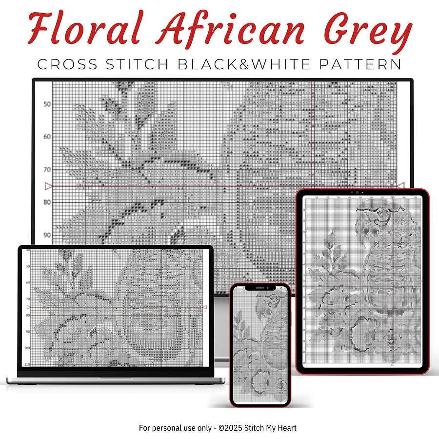 Floral African Grey Parrot Cross Stitch Pattern product image (4)