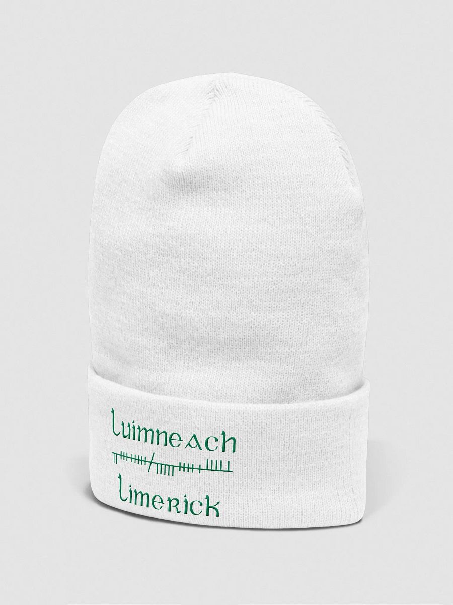 Limerick/Luimneach Orthodox Style Ogham, white with green, embroidered Cuffed Beanie product image (2)
