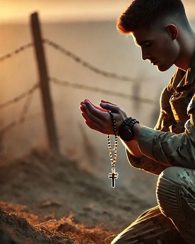 Amidst the chaos, there is always a moment of peace. A soldier kneels, rosary in hand, praying for a world filled with hope, ...