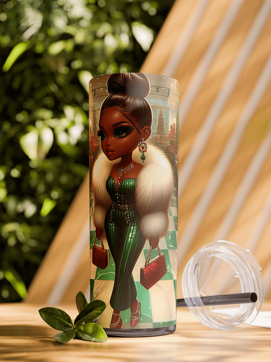 Glam Holiday Diva Tumbler Wrap, Christmas Tumbler Sublimation Design, Stylish African American Woman in Festive Green, 20 oz Skinny Tumbler product image (1)