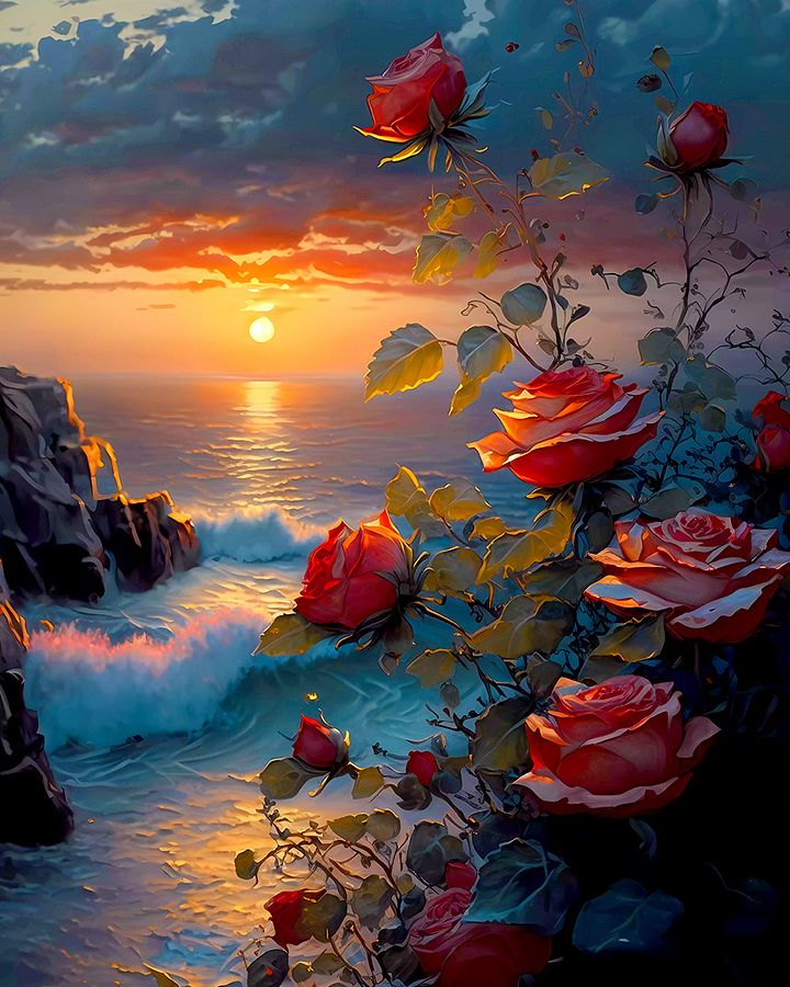 Eternal Shoreline Blooms: Romantic Roses at Sunset Matte Poster