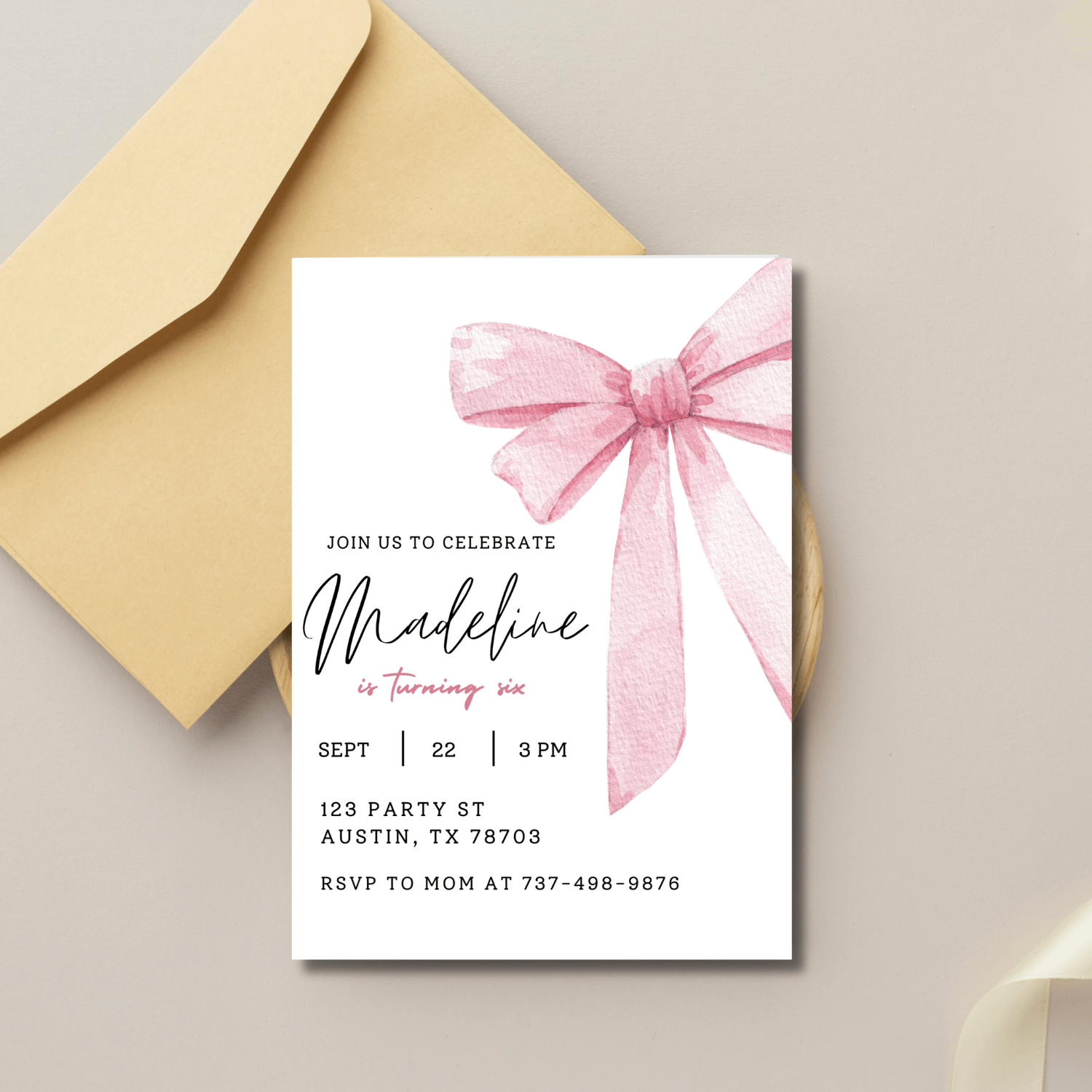 Pink Bow Birthday Invitation Template – Canva Editable Invitation for Girls product image (3)