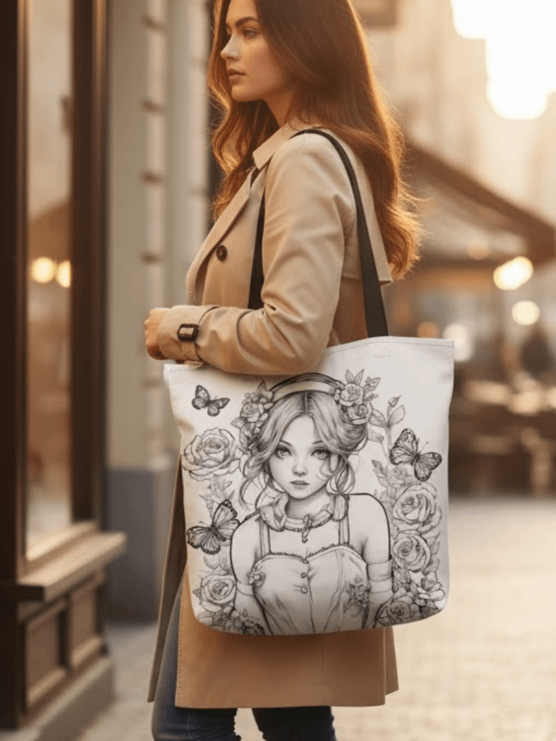 Monochrome Girl, Roses and Butterflies Design Tote Bag product image (1)