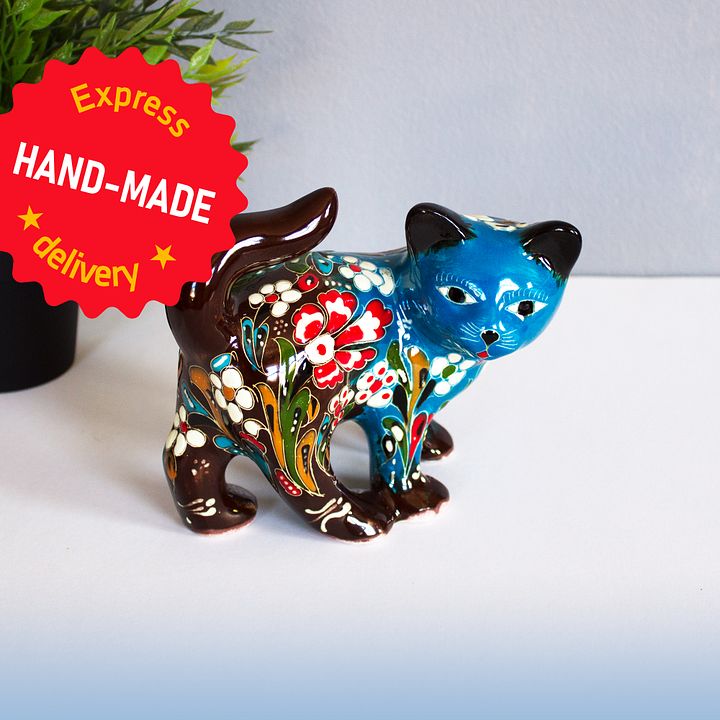 Ceramic handmade cat, Turkish decor (Blue) — handmade pottery product image (1)