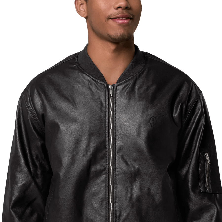 EXCLAIMING MENTALLY (sm. design) monochrome black faux leather jacket product image (1)
