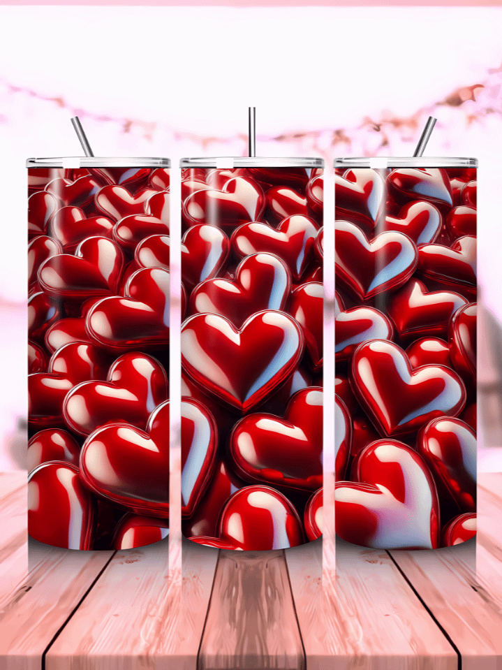 20oz Skinny Tumbler PNG – Glossy Red Puffy Hearts Design for Valentine’s – 300 DPI Sublimation Download product image (1)