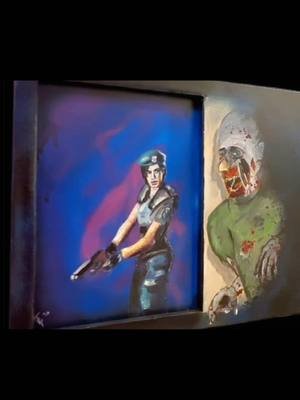 This is a 16x20 inch, two tiered painting. Basically 2 canvases glued to one another. The bottom canvas has Jill Valentine on it, with her in the background, cautiously coming up to a corner. And cautious for good reason. With the top canvas, half of it is cut away, leaving the right half with a creeping zombie hiding around the corner (if you've played the game, you know the fear of opening any door and rounding any corner). This is a one of a kind painting, with 3D depth, that I'm honestly having a hard time explaining, but look at the pictures and you'll see what I mean! This is perfect for any fan of the Resident Evil survival horror series, especially the 1st game with Jill Valentine. #jillvalentine #jillvalentineart #residentevil #residentevilremake #residentevil1 #residentevil1remake #survivalhorror #survivalhorrorgames #survivalhorrorgame #survivalhorrorgaming #popart #uniqueart #sombie #zombies #zombieart #horror #horrorart #popartist #popartists #popartvibes #scary #scaryart #scarygame #scarygames