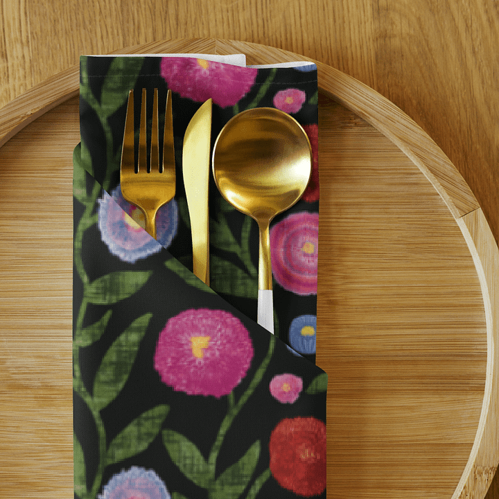 🌼 English Daisies on Black | Set of 4 Cloth Napkins | Monique Faella Designs™ | Cottagecore Floral Table Linens | Garden-Inspired Dining product image (1)