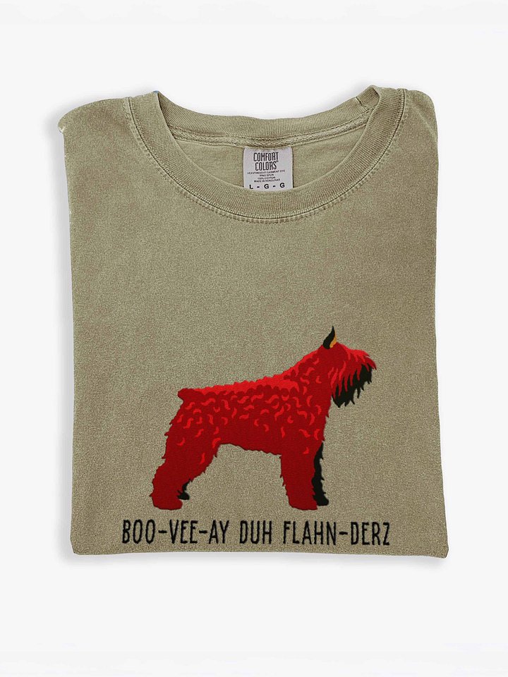 Boo-Vee-Ay Duh Flahn-Derz T-Shirt(Embroidered) of a Bouvier des Flandres(Red, Cropped Ears) product image (1)