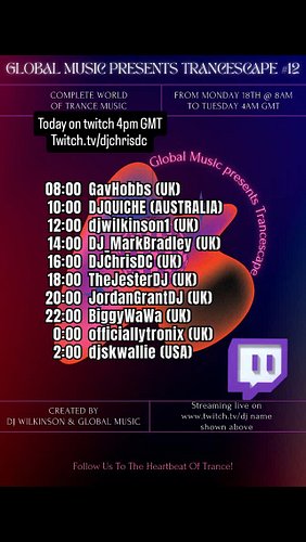 Today on twitch 4pm GMT I'm involved in the Global Music Presents Trancescape Raid train.

#twitchdjs #raidtrain #twitch #liv...