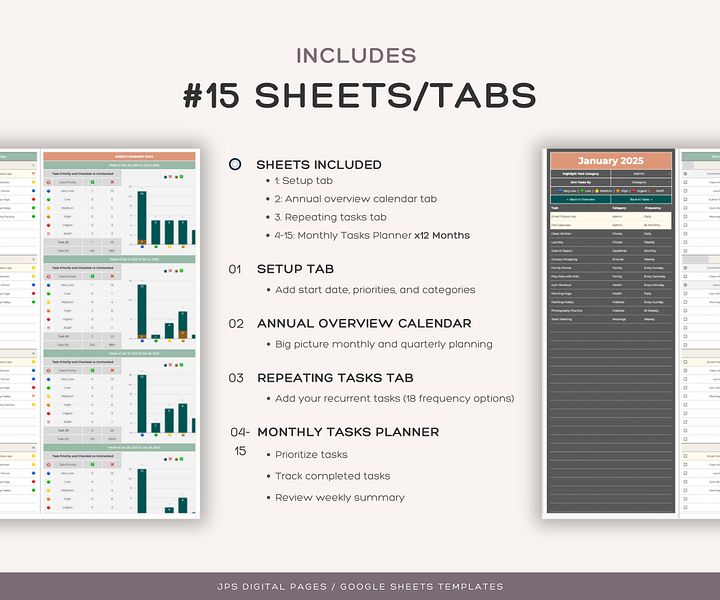 Recurring Task Manager, Google Sheets Template, Dynamic Monthly Calendar product image (2)