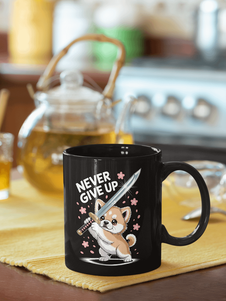 "Never Give Up" Samurai Shiba Inu Mug | Motivational Kawaii Japanese Dog Coffee Cup product image (1)