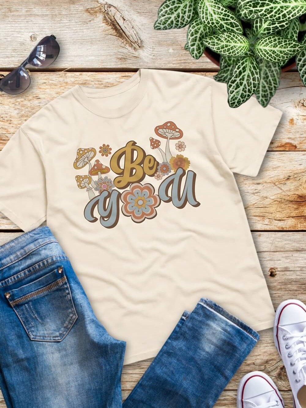 Be You Groovy Mushrooms & Flowers T-Shirt - Retro Graphic Tee product image (1)