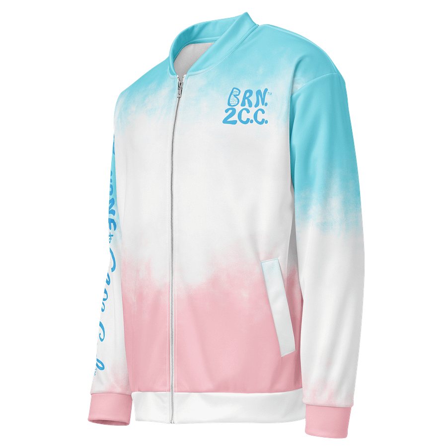 All-Over Print Bomber Jacket | Coastal Cool, City Bold | BOURNE to Cape Cod™ + BRN.2C.C.™ Style | Deep Sky Blue Logos on Patriotic Pastels product image (3)