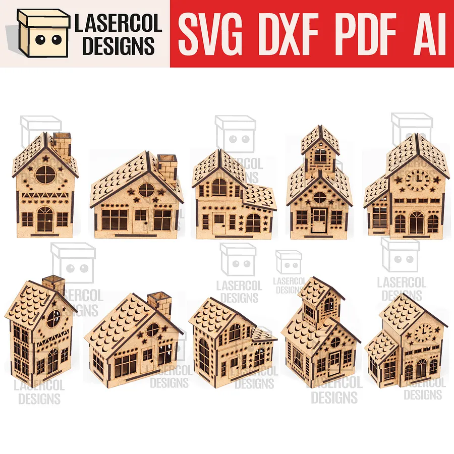 Christmas Houses Set 1 (5 Styles) - Laser Cut Files product image (1)