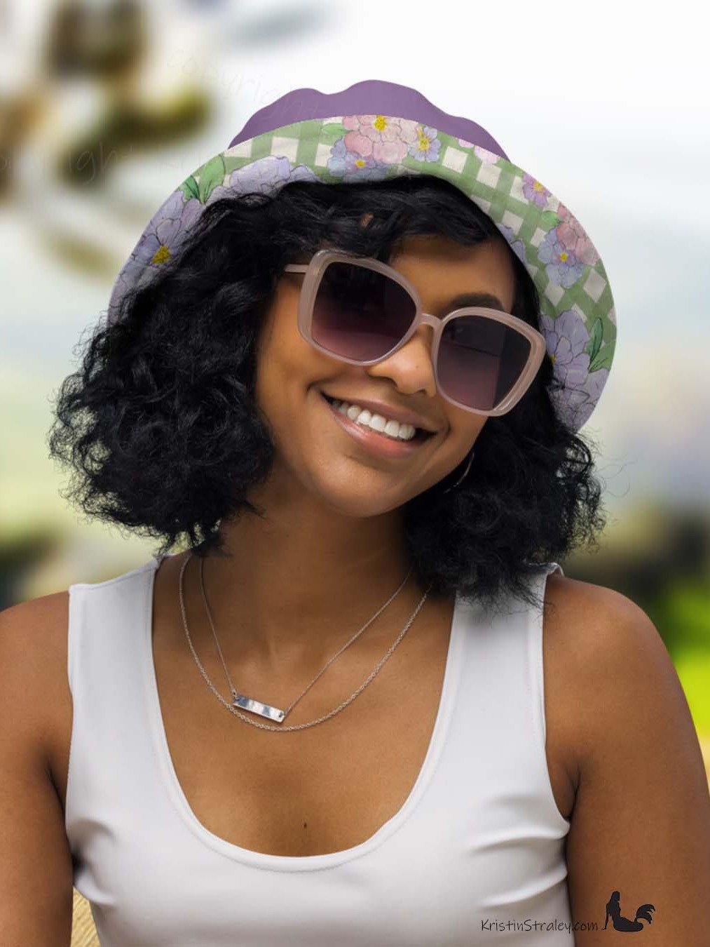 Reversible Bucket Hat Lavender Flowers on Gingham and Solid Plum product image (3)
