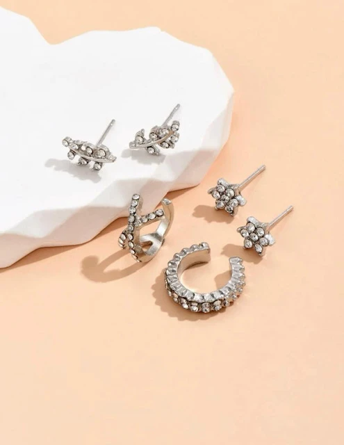 5 PC RHINESTONE SILVER LEAF DECOR EARRINGS & NON-PIERCED EAR CUFFS product image (2)