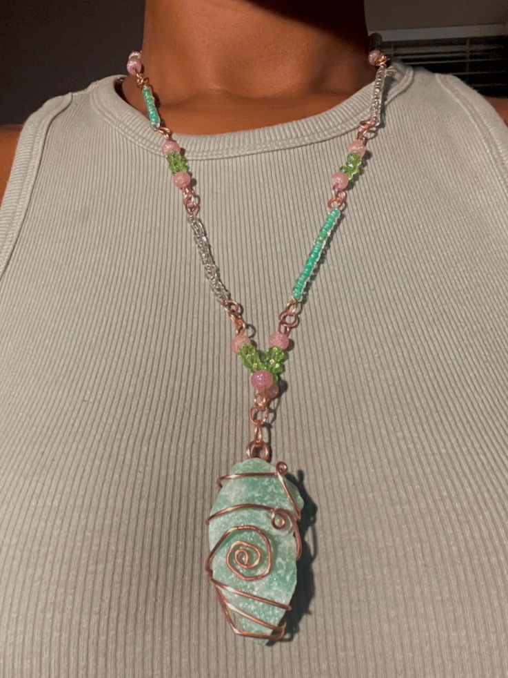 Raw Green Aventurine "Julie" Copper Wrapped Necklace Healing Stone Beaded Chain product image (3)