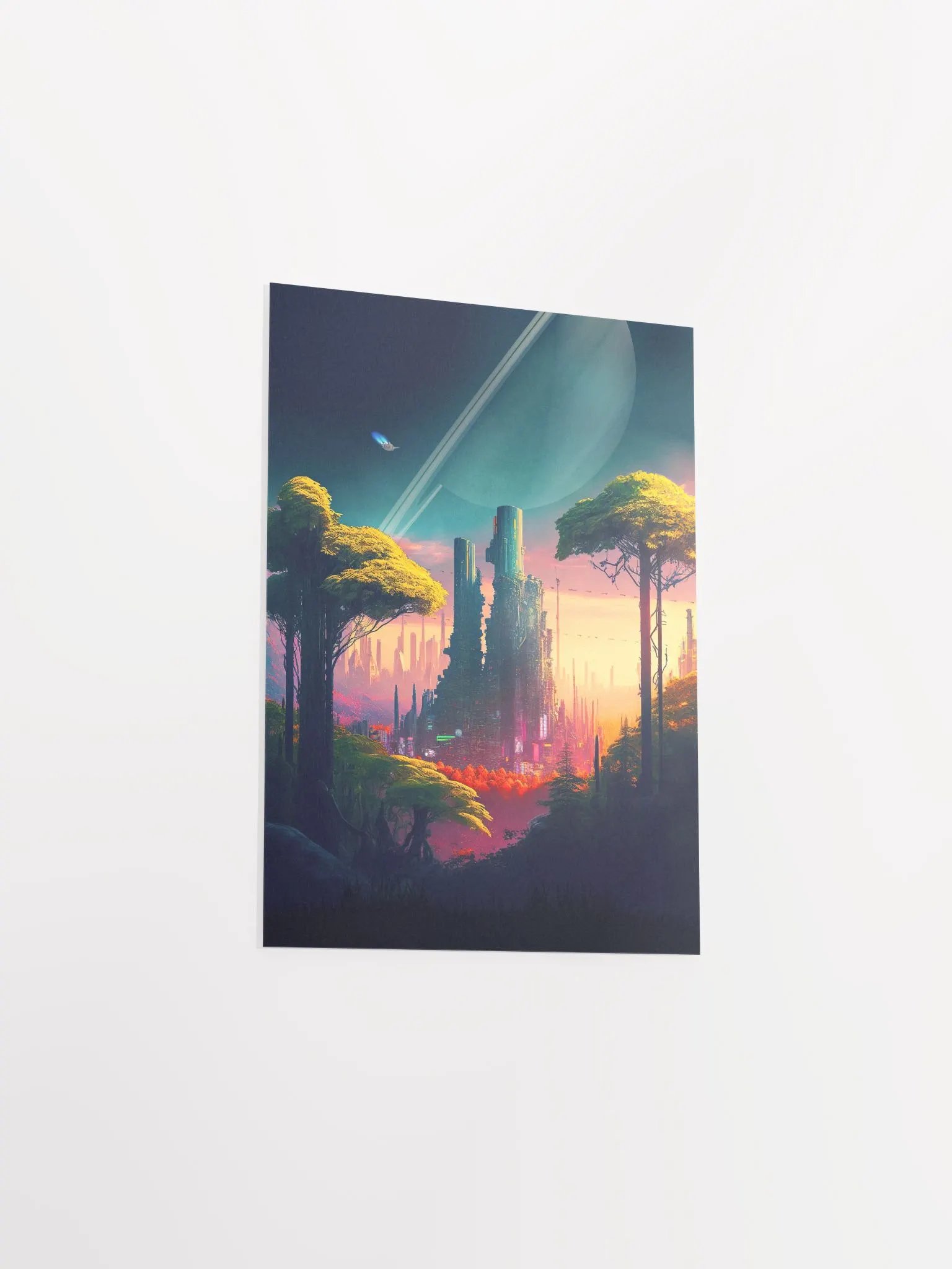 Neon cyberpunk city in a forest in orbit around Saturn (Star Wars/Blade Runner style) — surreal space collage art, futuristic sci-fi collage product image (8)
