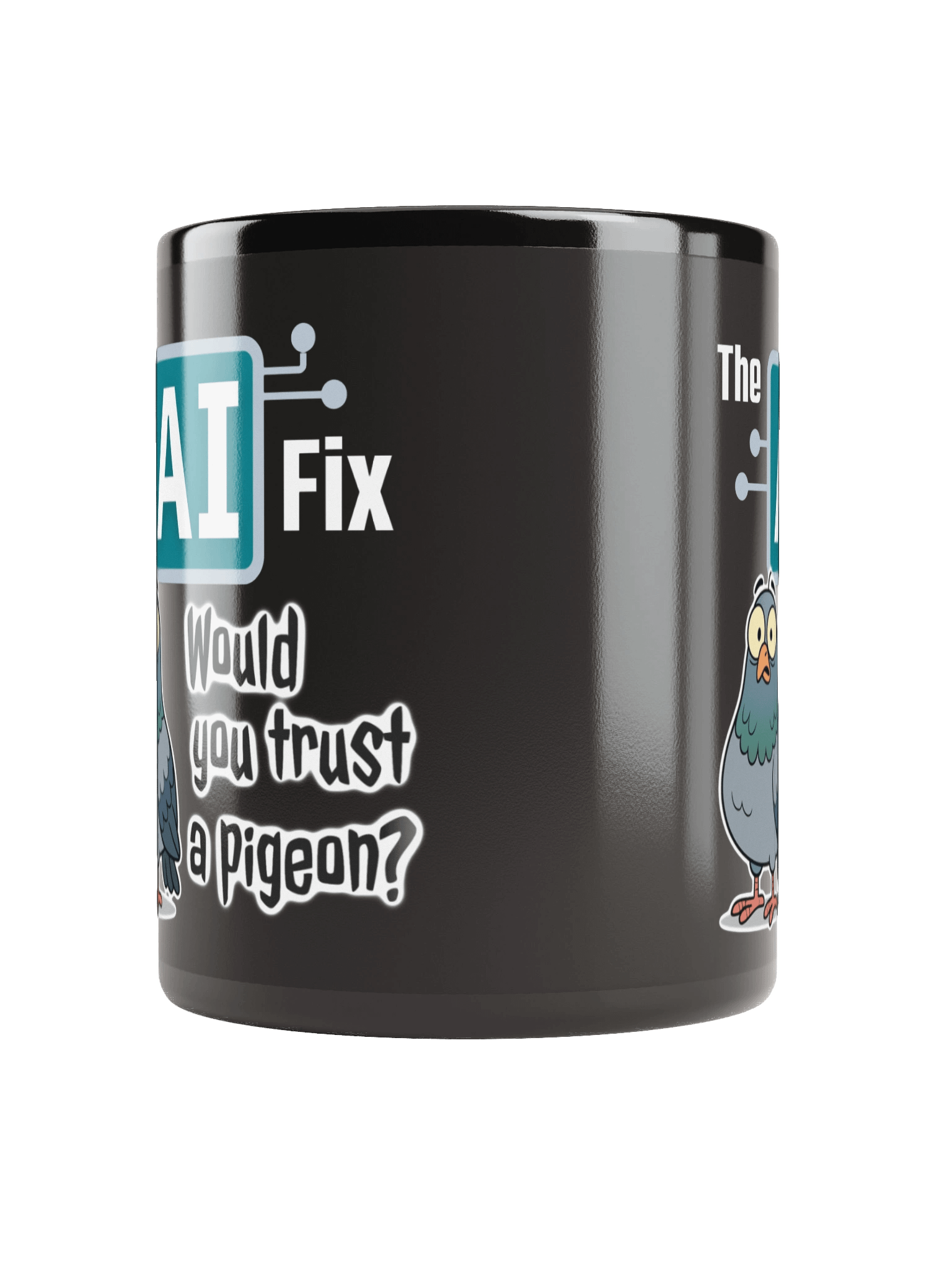 The AI Fix: Would you trust a pigeon? Black Glossy Mug product image (5)