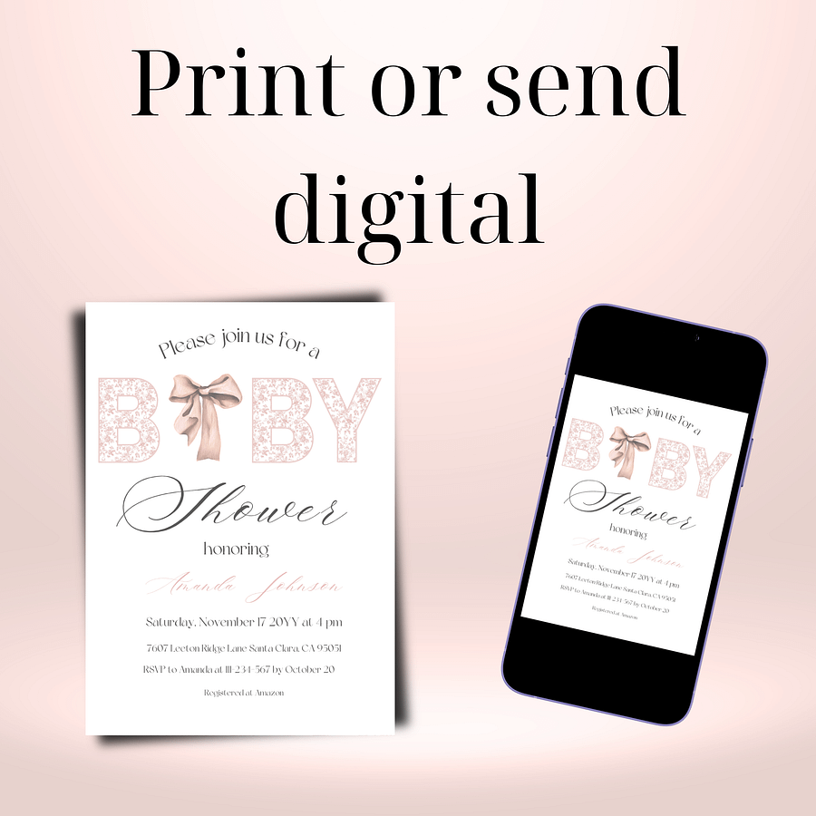 Minimalist Pink Bow Toile de Jouy Baby Shower Invitation, Chinoiserie Floral Themed Girl Baby Shower Invite for Digital Download product image (9)