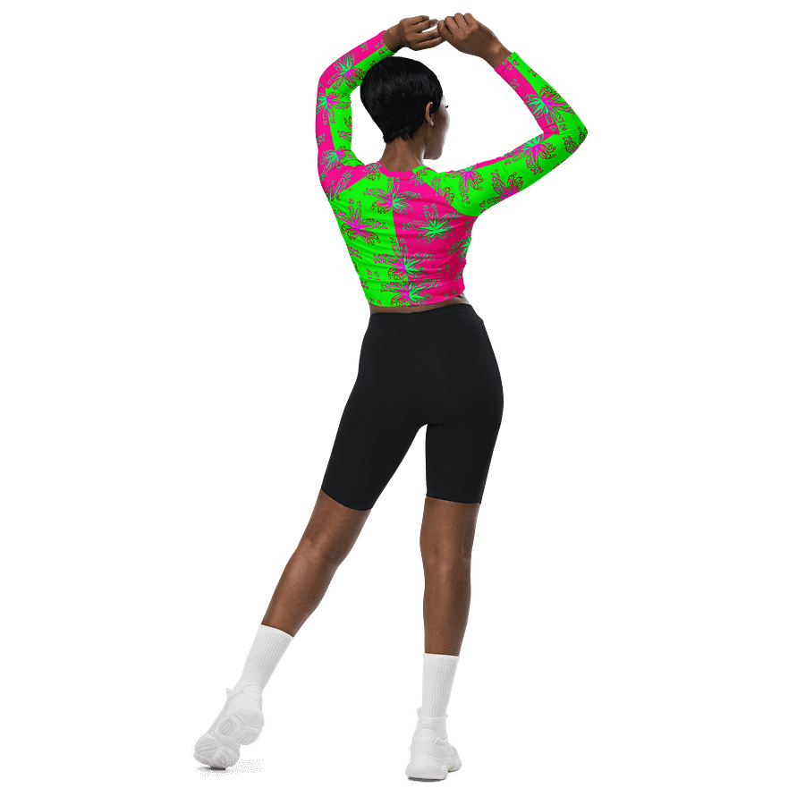 Cannabis Stoner Circus Stripes Recycled Long-Sleeve Crop Top, 420 Summertime Beach Weed Shirt, Neon Green Hot Pink Pot Leaf Pattern Clothing product image (5)
