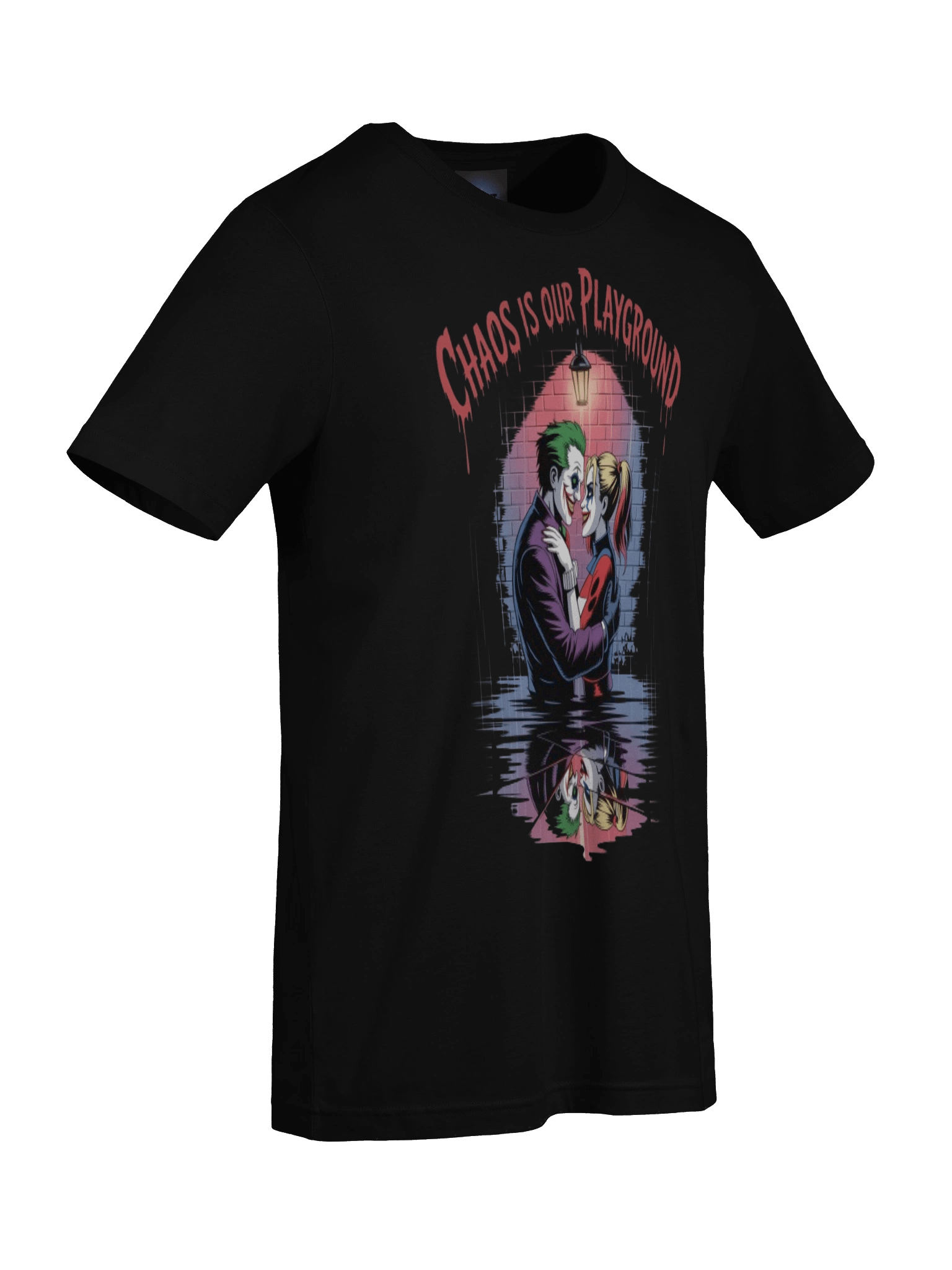 Chaos is Our Playground: Joker & Harley Quinn's Sinister Embrace Graphic Tee product image (9)