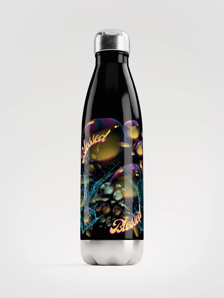 water bottle with beautiful swirly blue water splash and drops design featuring “Blessed’ product image (1)