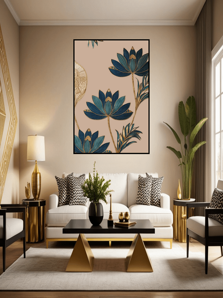Elegant Lotus Art Printable – Blue & Gold Minimalist Wall Decor product image (1)