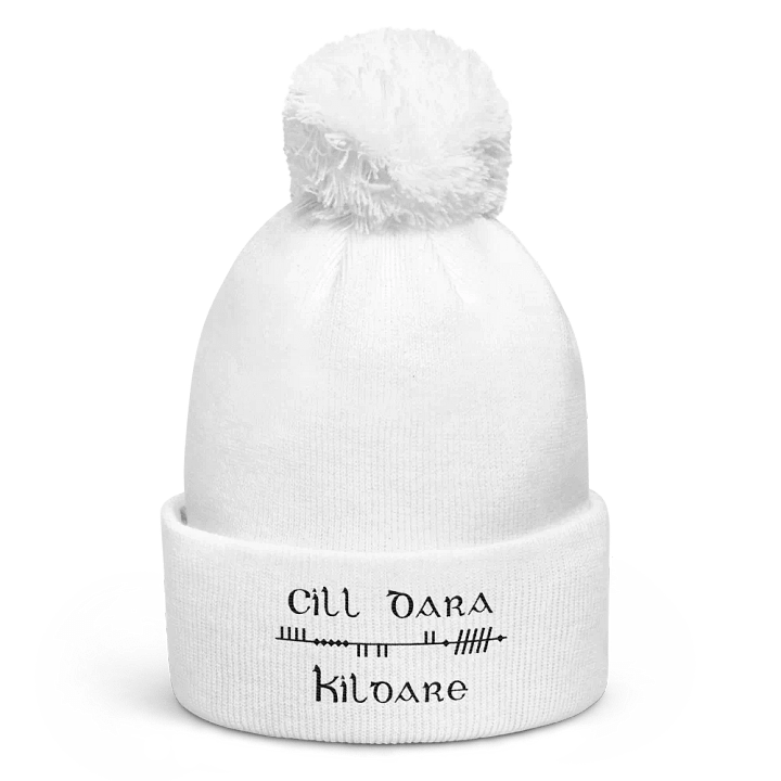 Kildare/Cill Dara, Scholastic Style Ogham, white with black embroidered Pom-Pom Beanie product image (1)