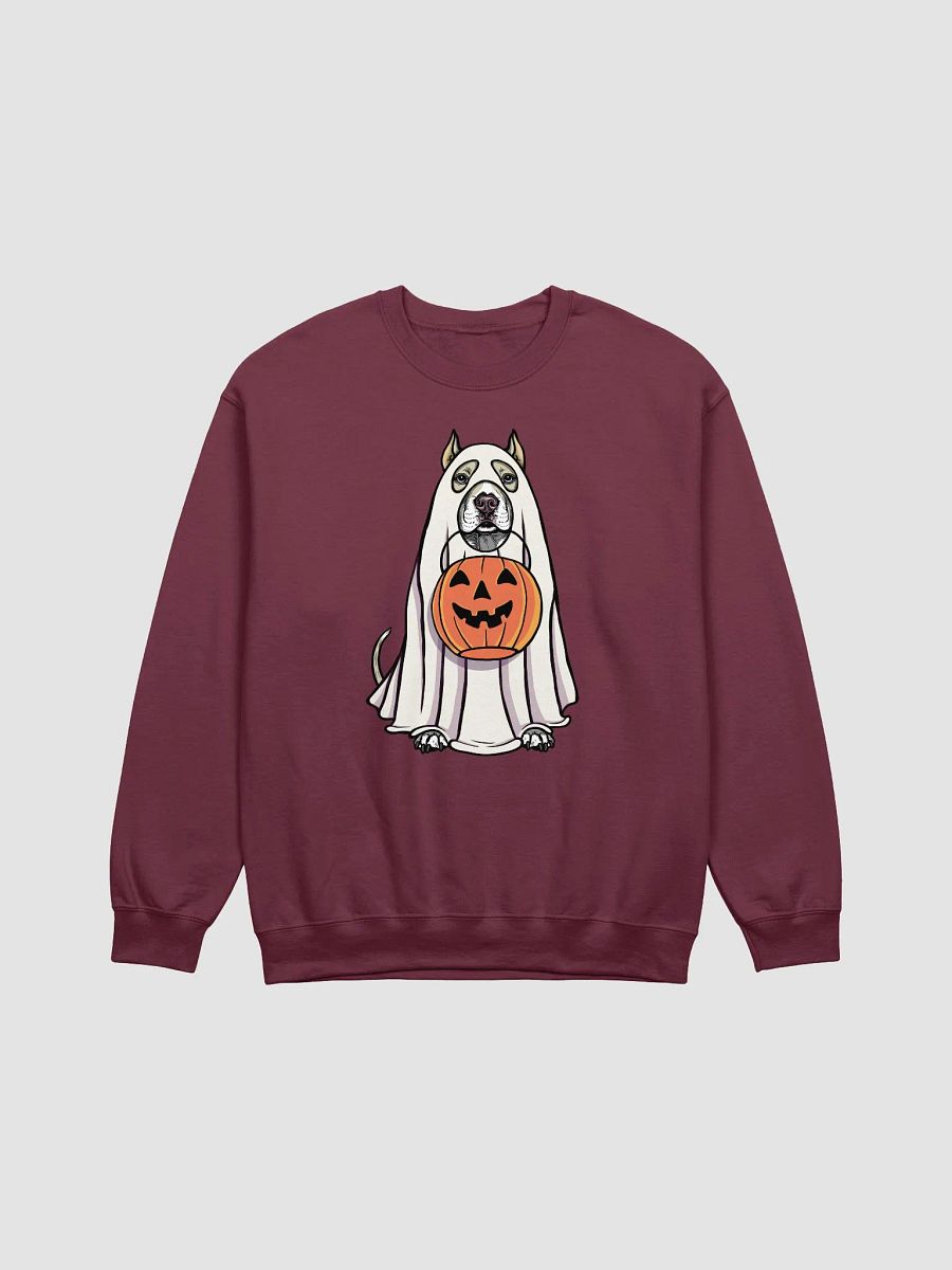 Funny Halloween Pitbull Terrier(Cropped Ears, Fawn) Sweatshirt | Funny Pittie Wearing a Ghost Costume and Holding a Pumpkin Basket product image (12)