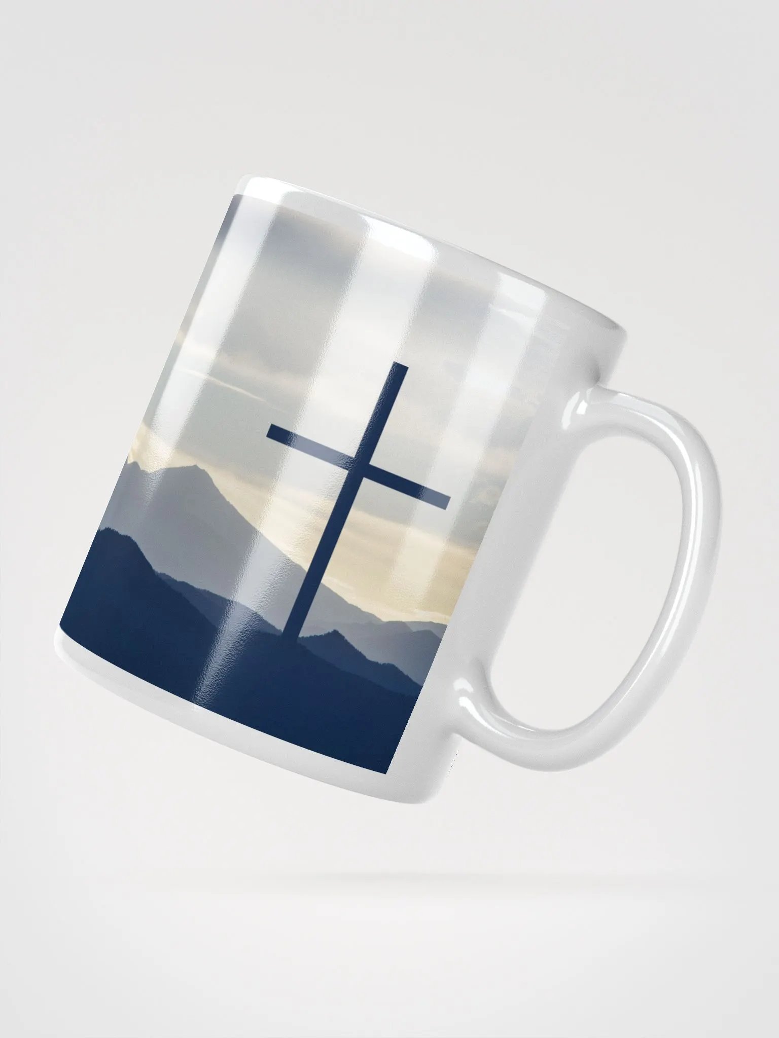 A cross standing against a serene landscape of rolling hills & a Radiant cross illuminated by a bright, golden light with glowing sunrise & doves Mug product image (5)