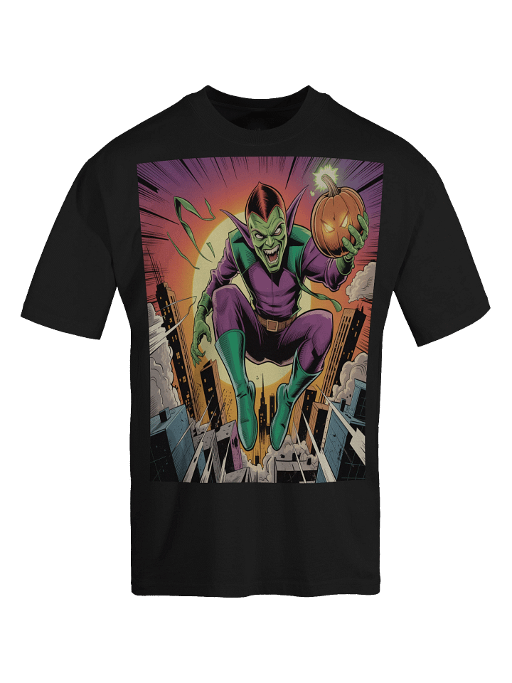 Green Goblin Sunset Siege Oversized Faded T-Shirt – Pumpkin Bomb Twilight Terror product image (1)
