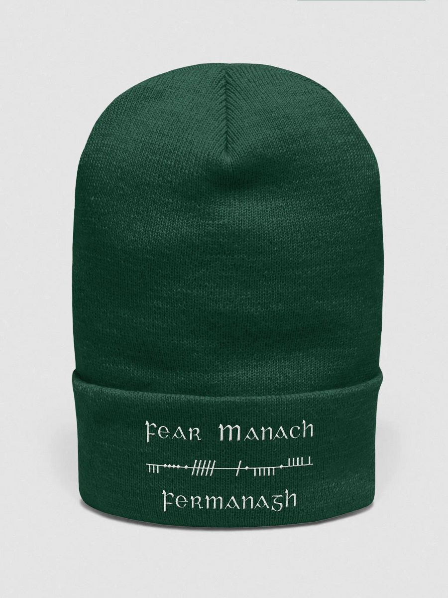 Fermanagh/Fear Manach, Green with white, Scholastic style Ogham embroidered Cuffed Beanie product image (1)