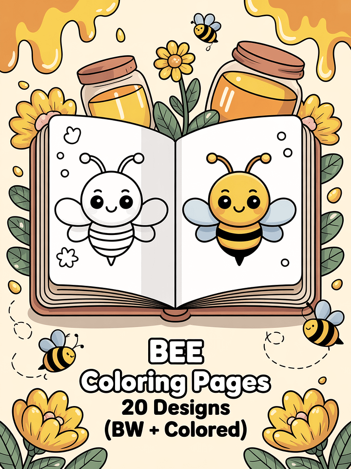 Cute Bee Coloring Pages | 20 Kawaii Bee Designs | Black & White + Colored product image (1)