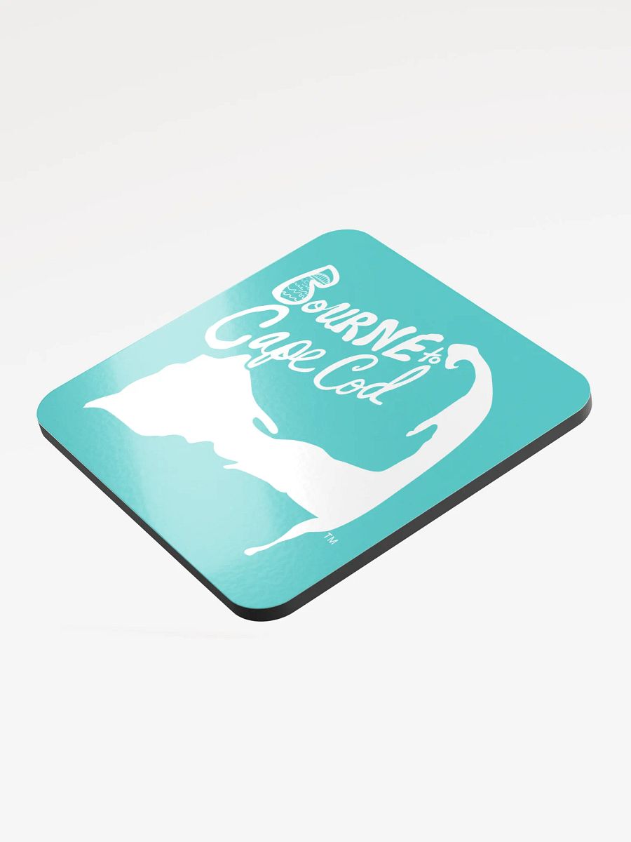 BOURNE to Cape Cod™ | Coastal Coaster | Glossed Cork | Eco-Friendly | Minimalist Coastal Decor | 3.74" Square | White Logo on Dark Turquoise product image (3)