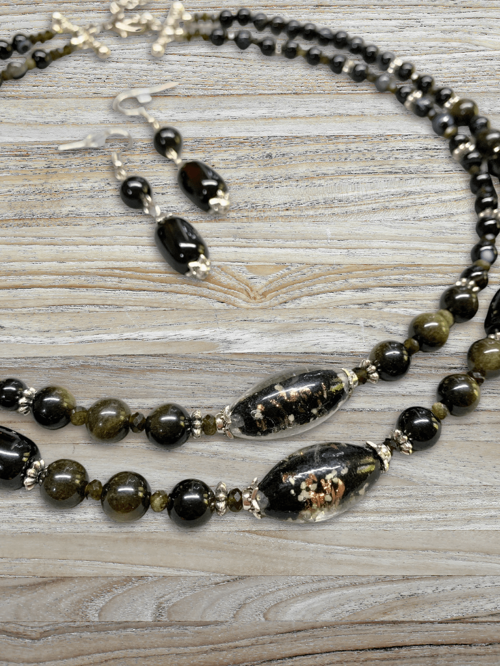 Black Onyx, Golden Sheen Obsidian 2-Strand Beaded Necklace and Earrings product image (5)