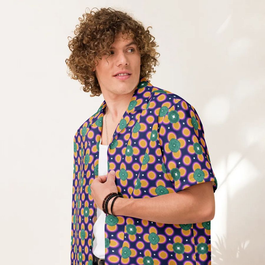 Hawaiin Style Shirt, Button Up, Unisex, Purple-Teal Green-Gold product image (7)