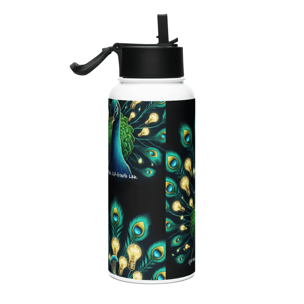 "Bloom of Ideas" – Illuminated Peacock Feather Stainless Steel Water Bottle for Spiritual Growth and Inspired Reflection Black product image (4)