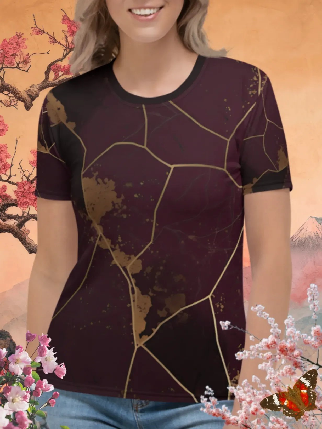 Plum & Gold Kintsugi Print T-Shirt product image (1)