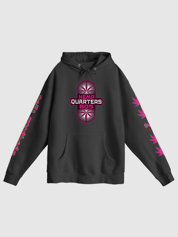 Hemp Quarters Pink Front/Read/Sleeves Black Hoodie. product image (1)