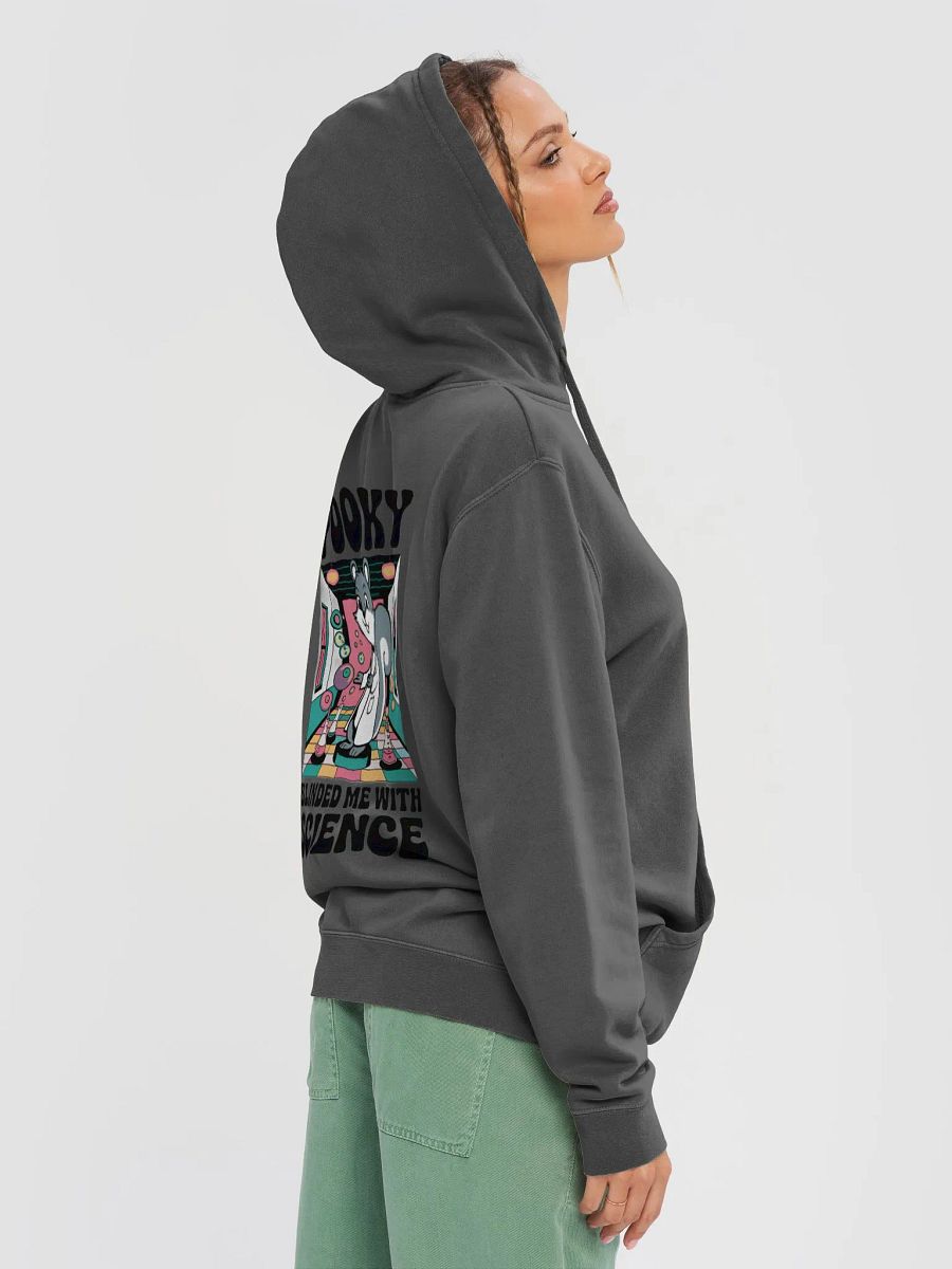 Super Premium Hoodie: Image on both Sides, Pooky Blinded me with Science, retro in pooky's lab with 70s font product image (5)