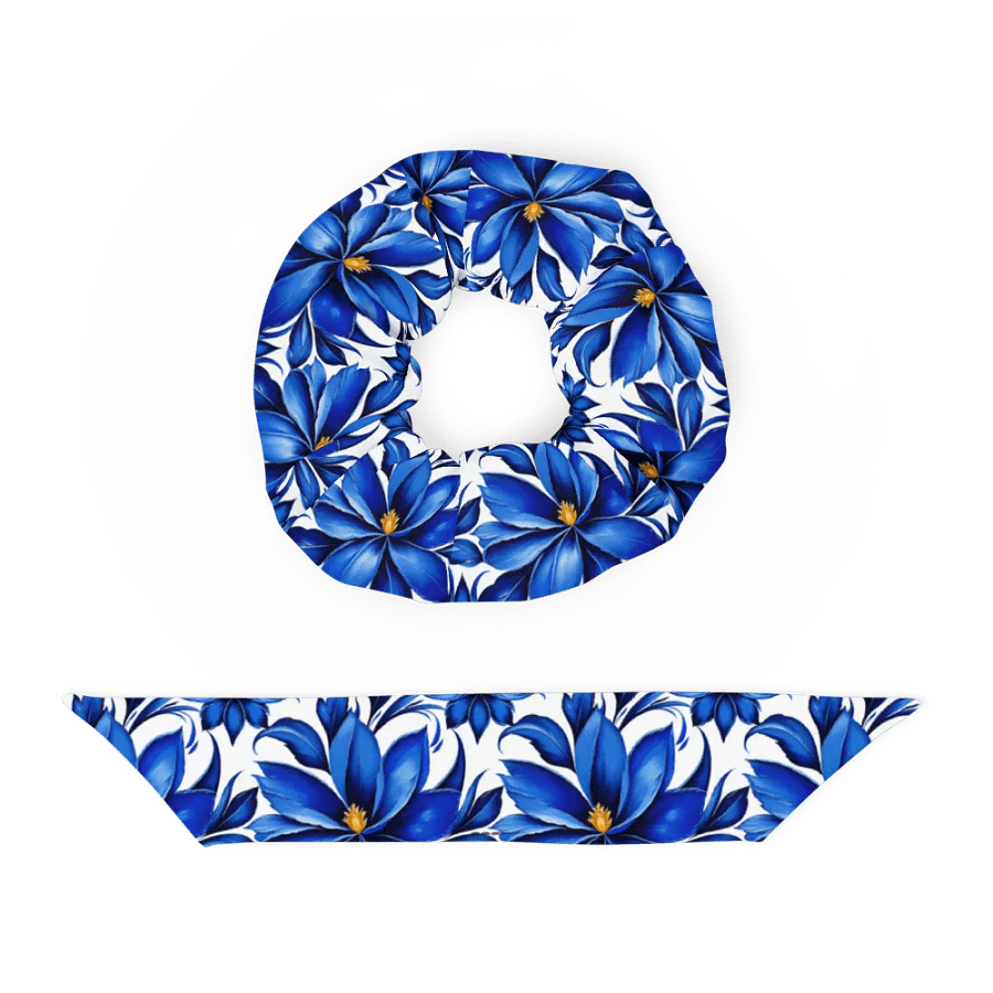 Hair Scrunchie - Painted Blue Flowers on White product image (4)