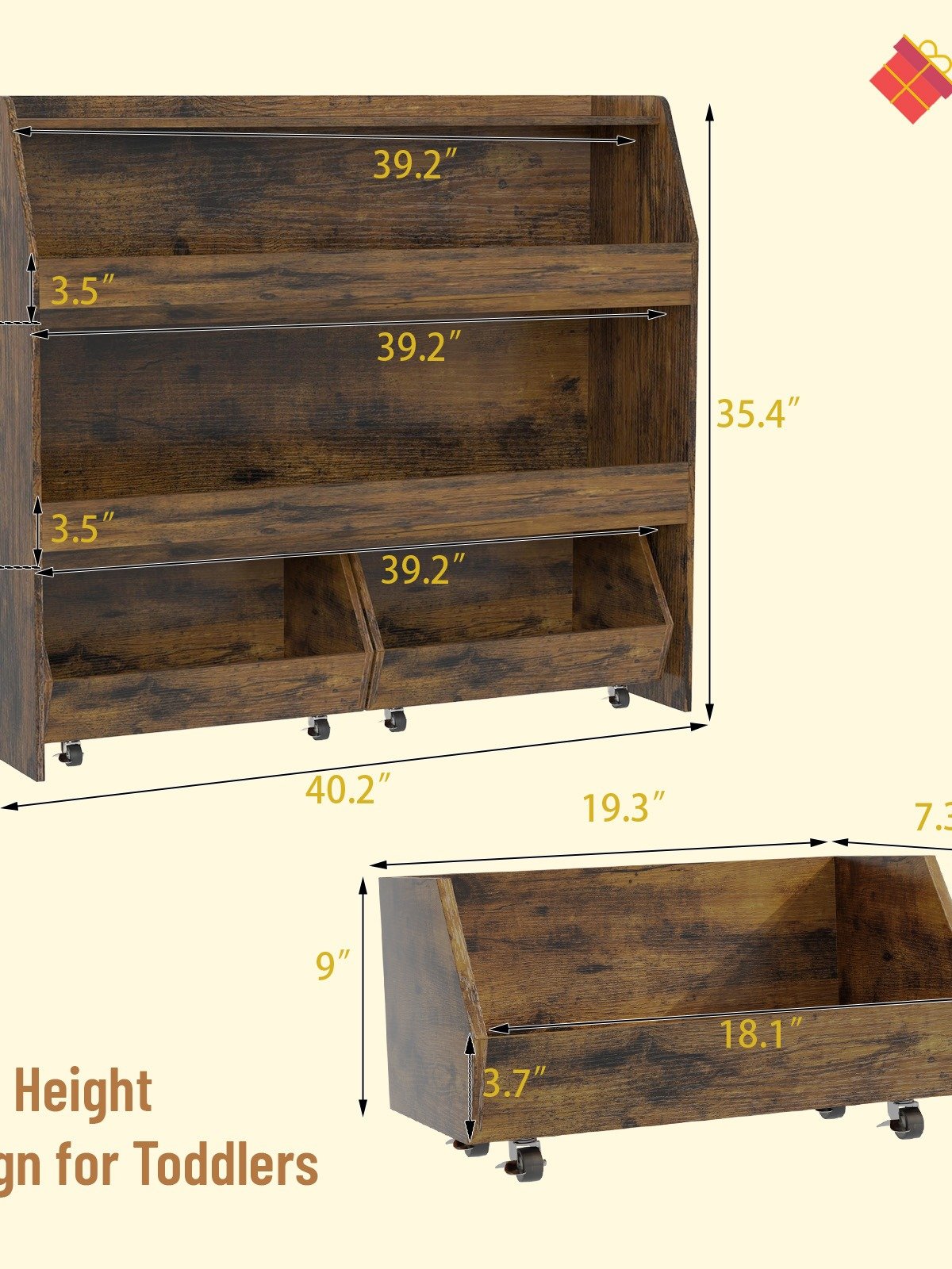 3-Tier Portable Toy Storage, Kids Toy Organizer W/2 Removable Bins with 4 Wheels（Brown) product image (2)
