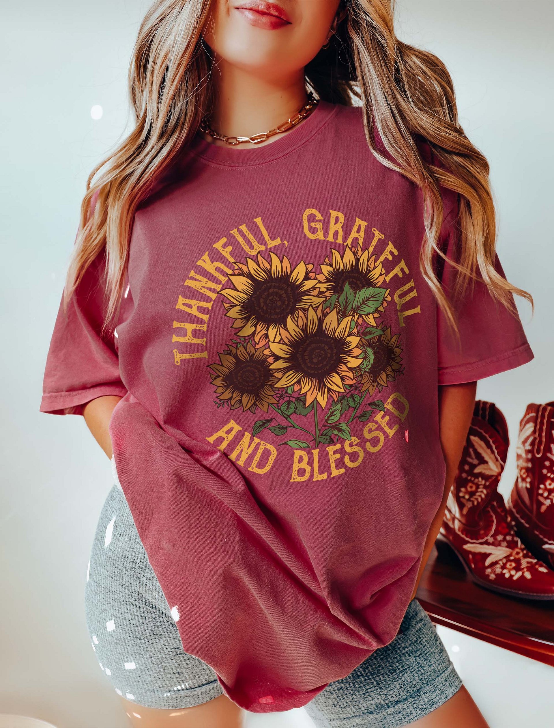 Thankful, Grateful, and Blessed Sunflower T-Shirt | Motivational Fall and Thanksgiving T-Shirt Design product image (5)