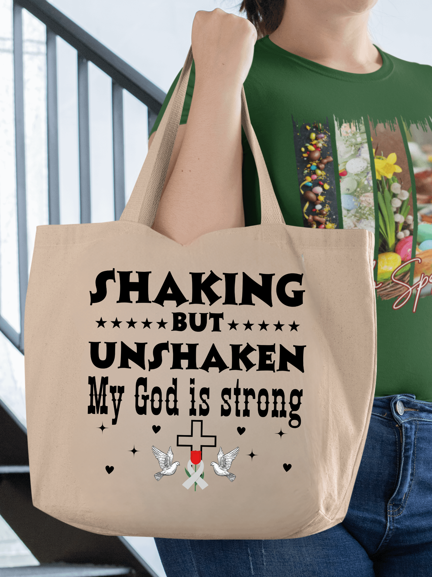 Shaking But Unshaken, My God Is Strong Parkinson Eco Tote bag - Cream product image (1)
