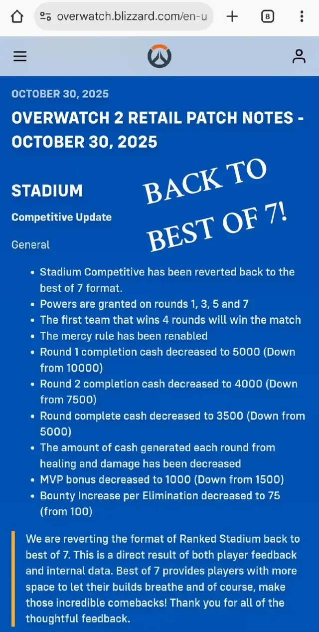 Overwatch 2 reverted back to Best of 7 for Stadium after only two weeks! Player feedback finally gets somewhere!