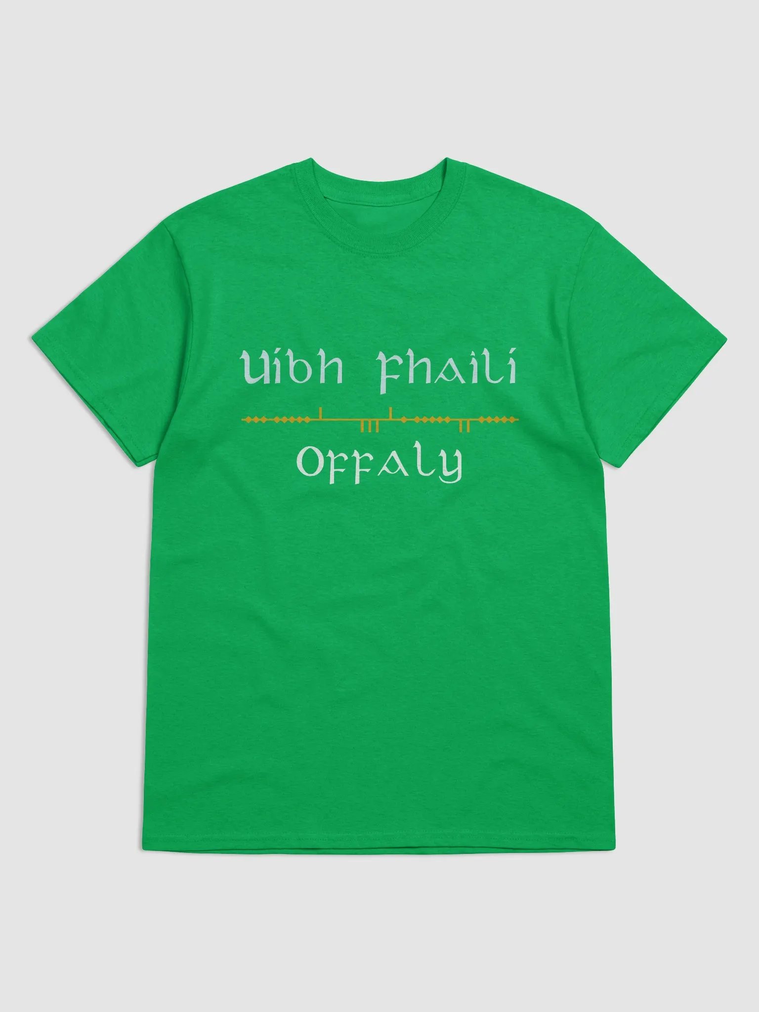 Offaly/Uíbh Fhailí Scholastic style Ogham Green printed T-shirt product image (1)